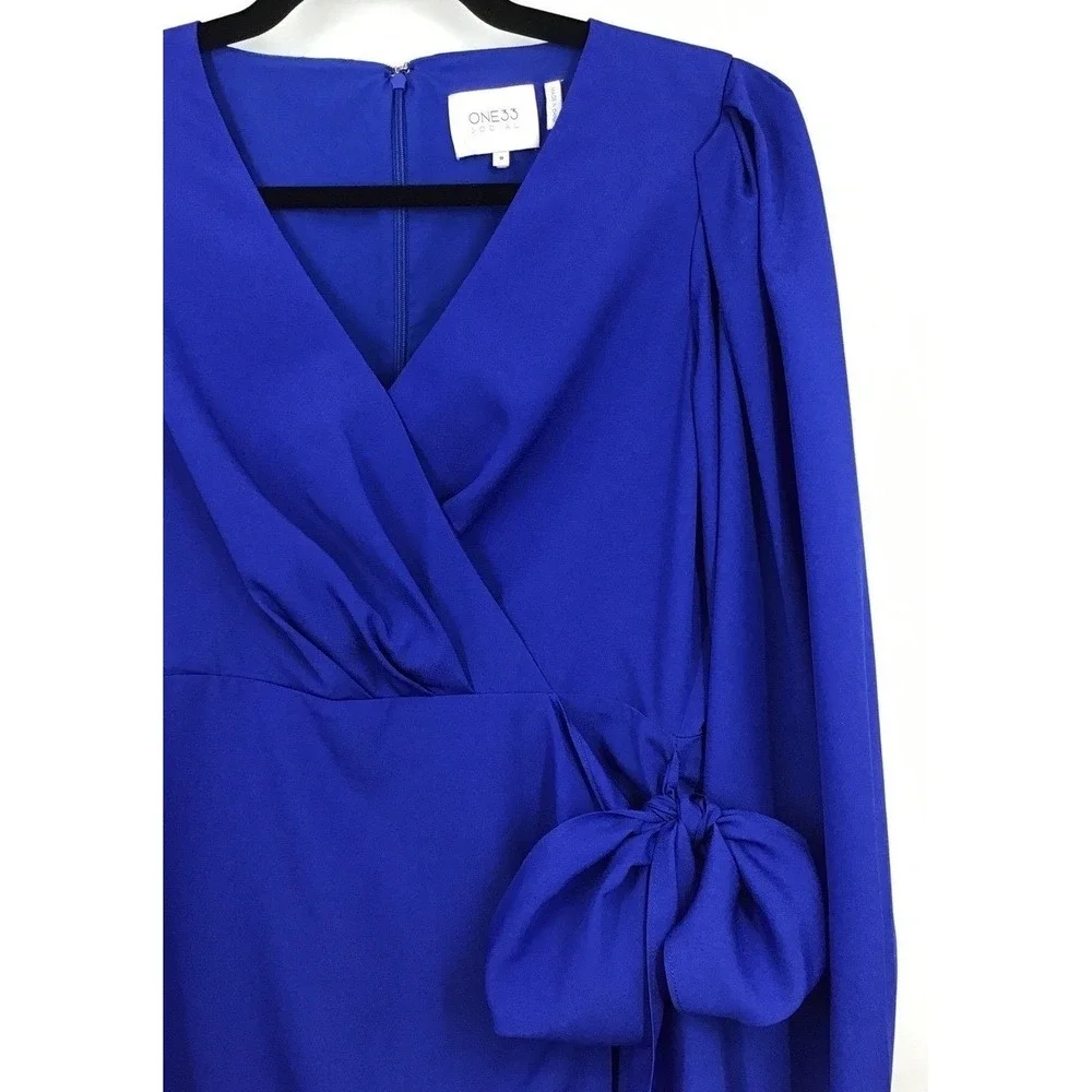 ONE33 Social Royal‎ Cobalt Blue Faux Wrap Dress Bow Tie Waist Long Sleeve Size 8 - Picture 3 of 9